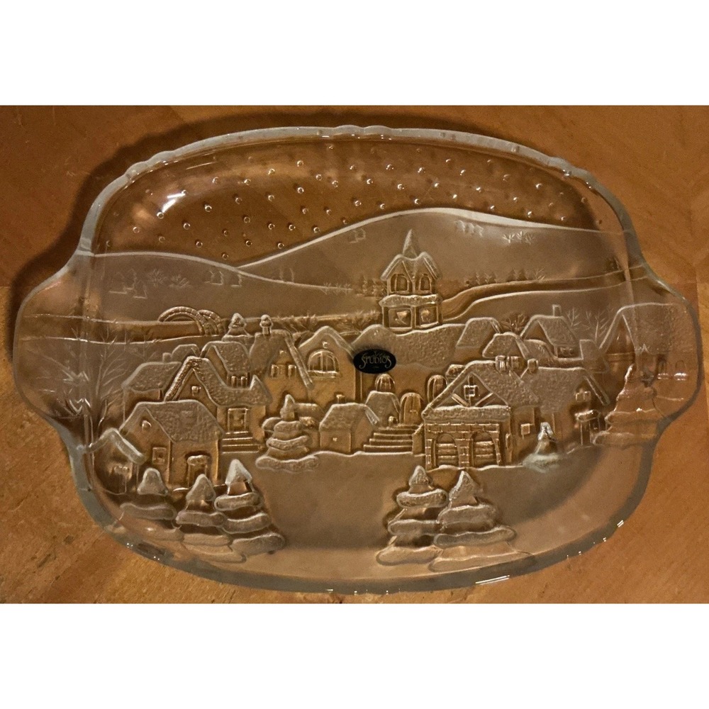 Vintage Crystal‎ Clear Studios Glass Serving Platter Winter Village Scene